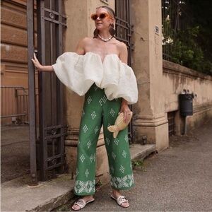 ZARA Linen Blend High Waisted Wide Leg Embroidered Culotte Pants